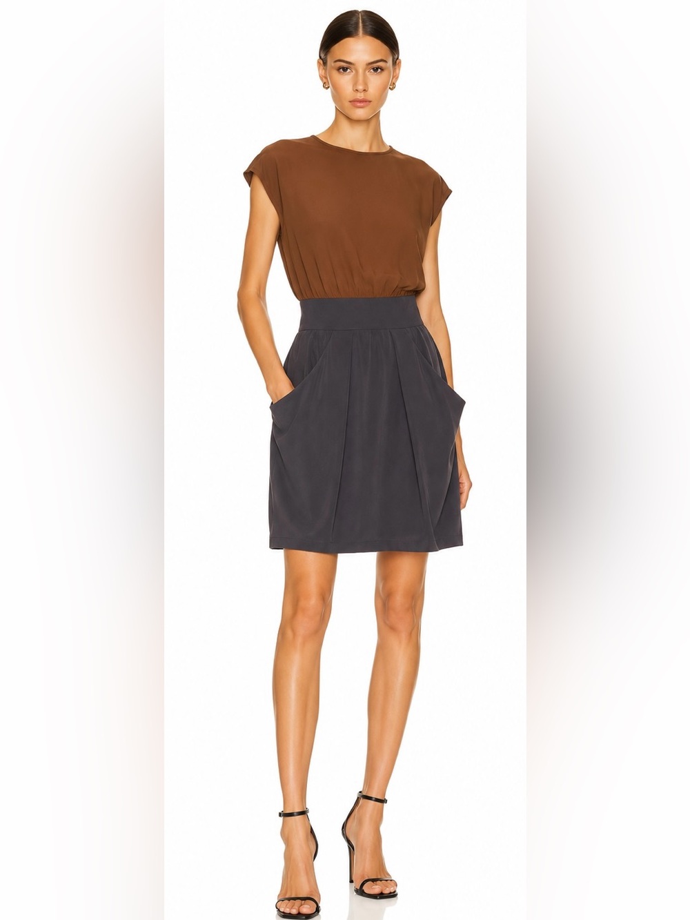 Apiece Apart Colorblock Silk Blend Two-Tone Brown & Charcoal Short Dress